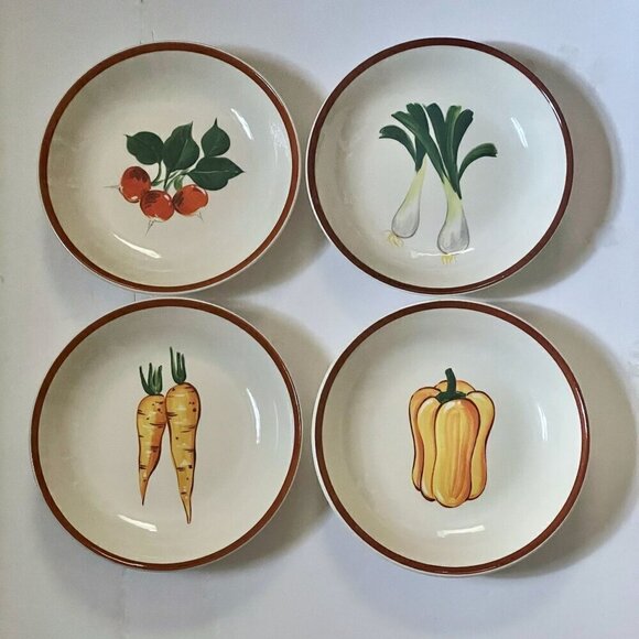 Vintage Set of Four Italian Illustrated Vegetable Side Bowls CBM Ironstone 9.5" - Picture 1 of 8